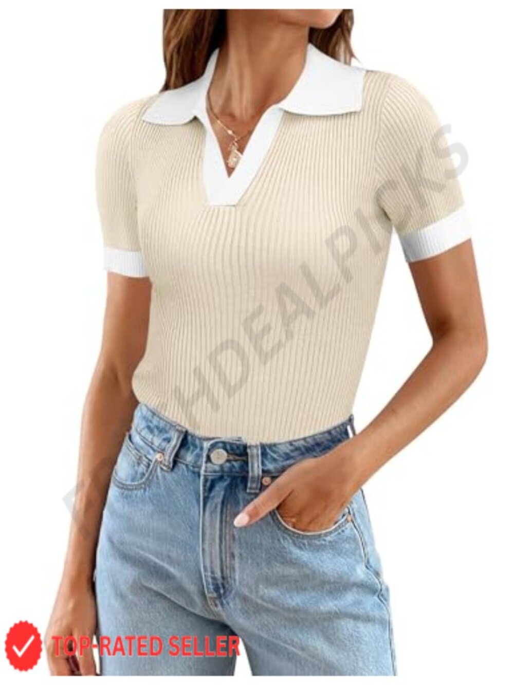 Womens V Neck Short Sleeve Sweater Slim Fit Lightweight Knit Polo Top